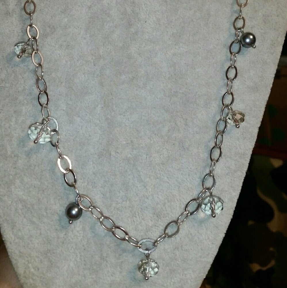 LOFT Silver, Glass Crystal & Grey Pearl Necklace
